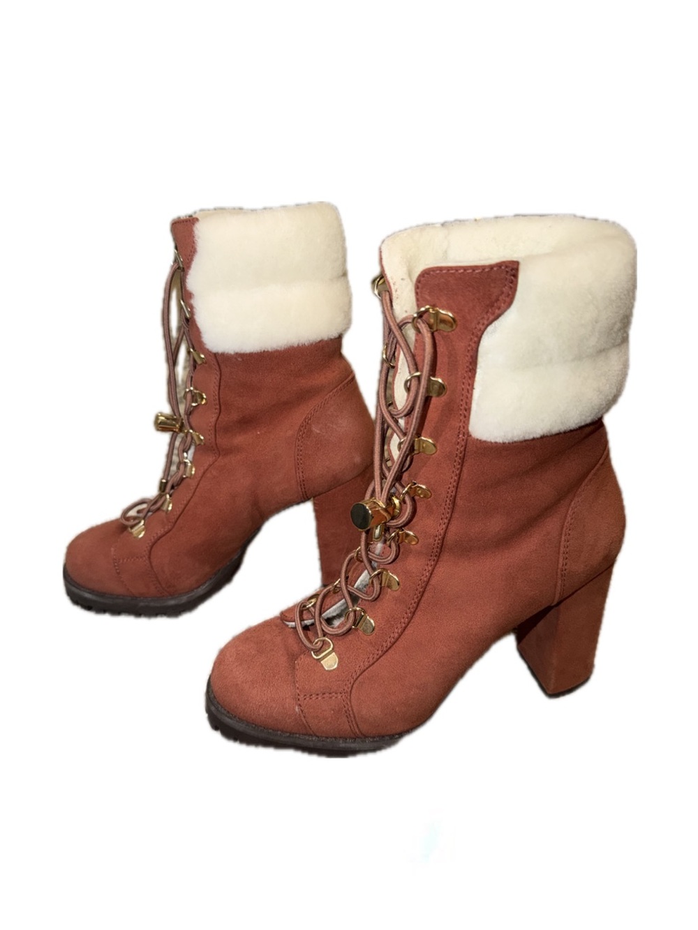 Stuart Weitzman Suede Faux Fur Trim Lace-Up Boots
